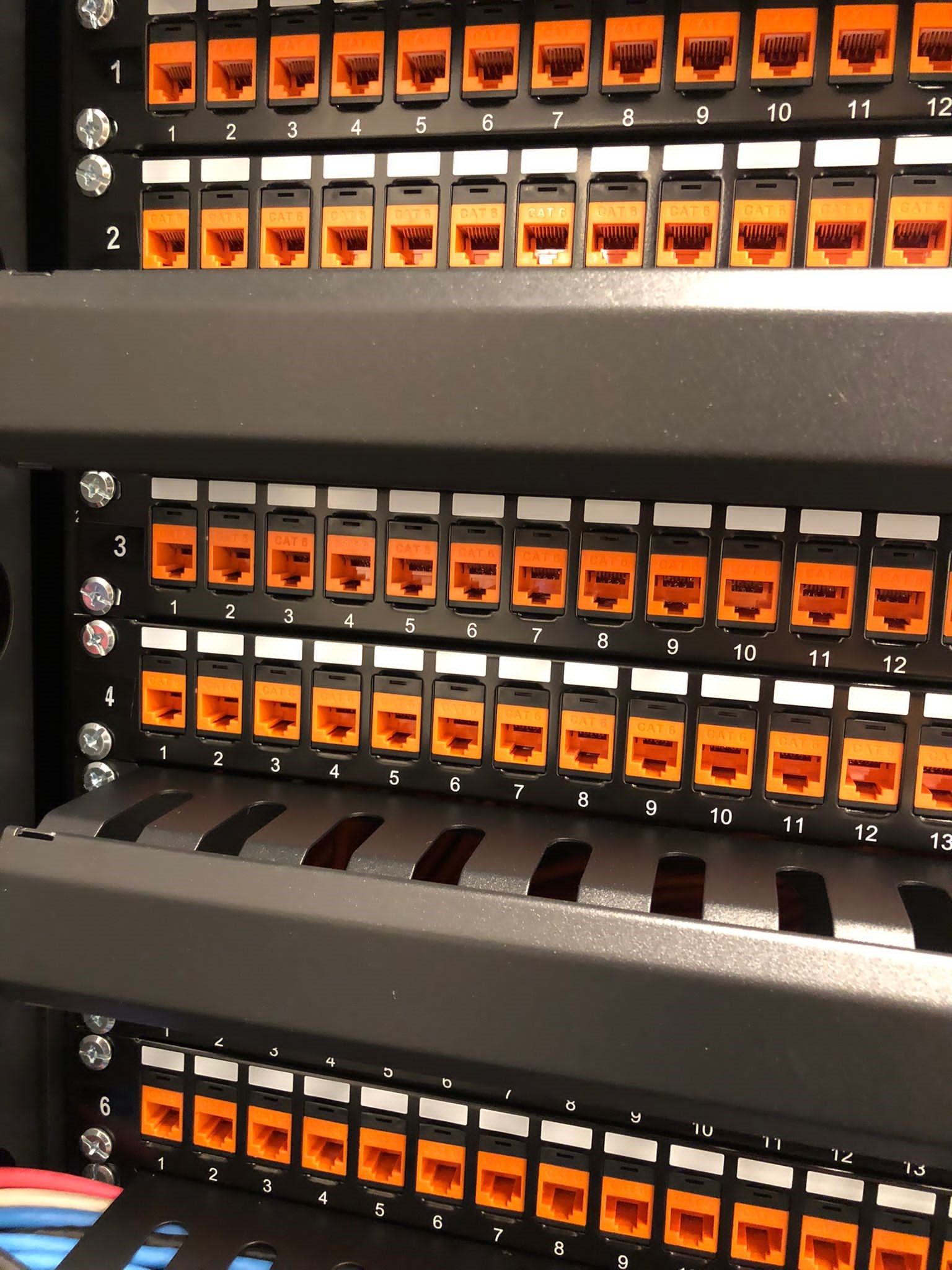 Patchpanelen met oranje netwerkkabels in een rack.