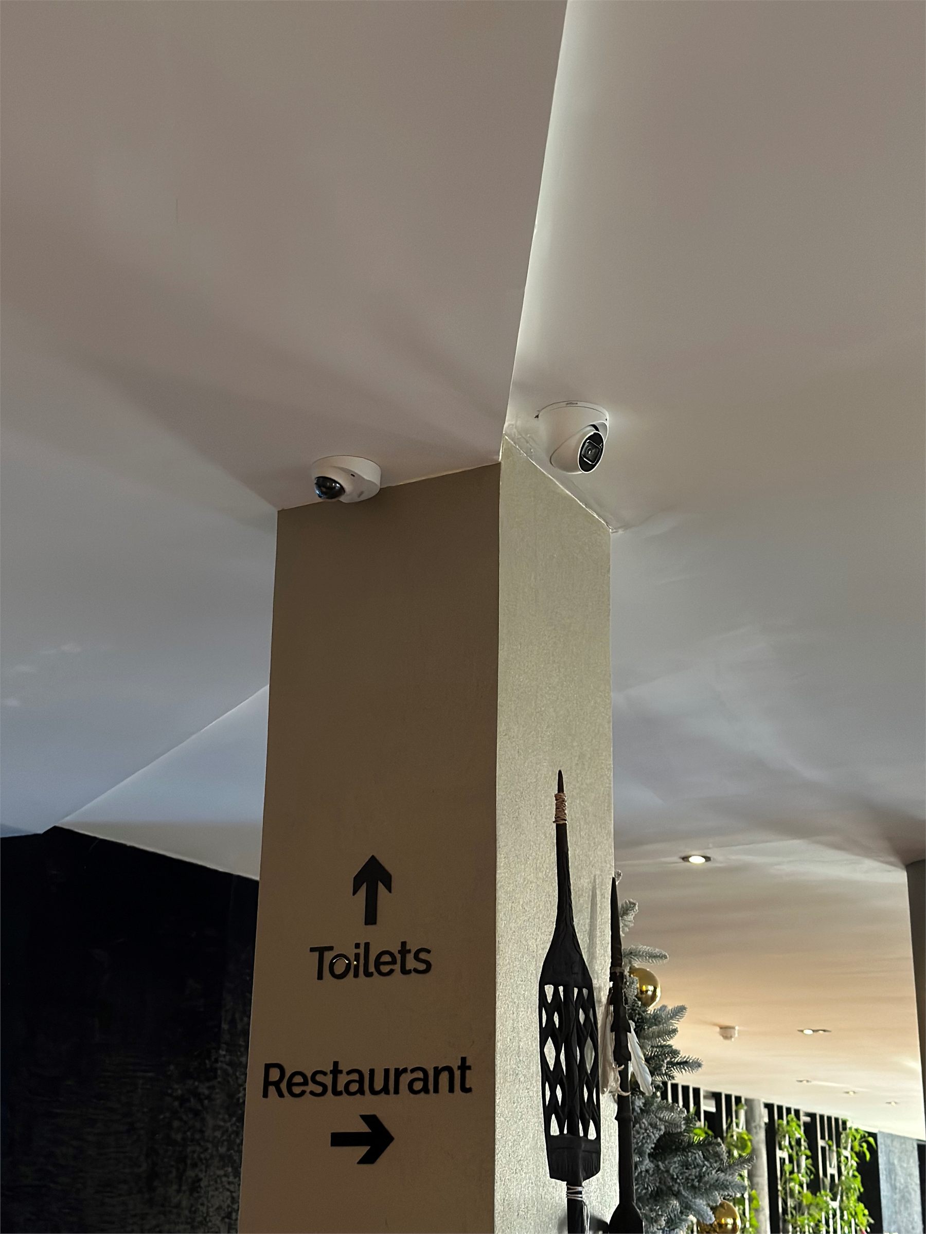 Twee beveiligingscameras bij de ingang van een restaurant.